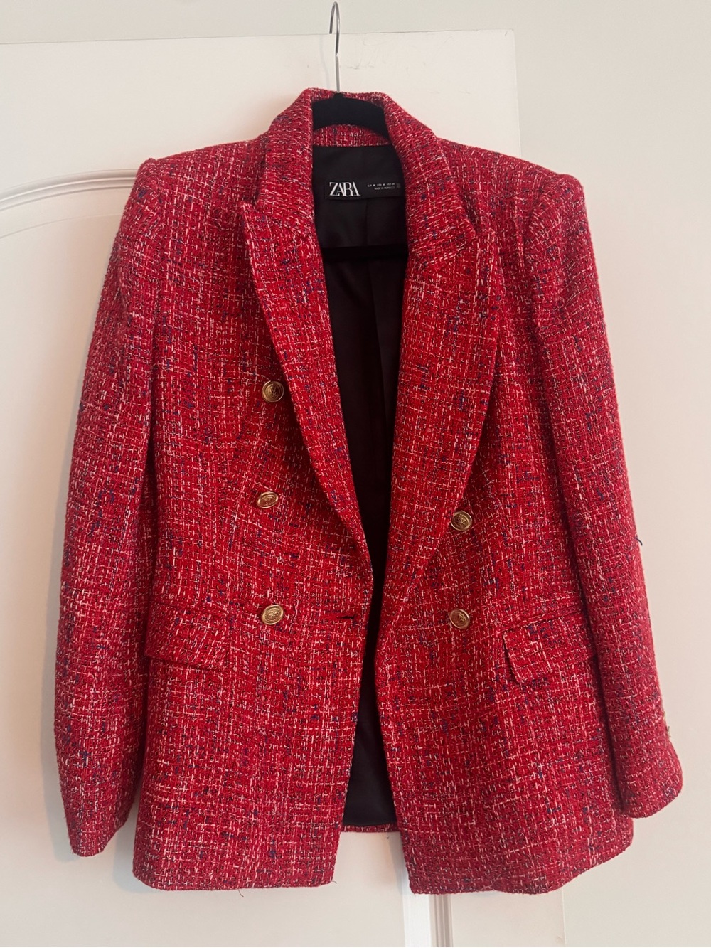 Zara Red Tweed Double-Breasted Blazer with Gold Buttons